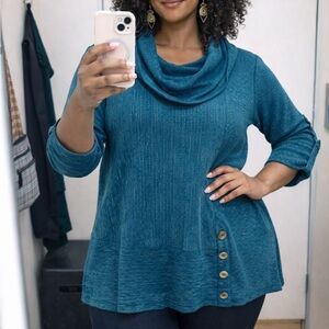 NWOT Soft Surroundings Teal Pinstripes Cowl Neck Tunic Sz L Pocket in Hem
